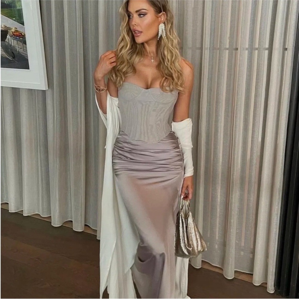 HOUSE OF CB 'Jia' Grey Satin Gathered Maxi Skirt‎ NWOT Size S - Picture 5 of 15